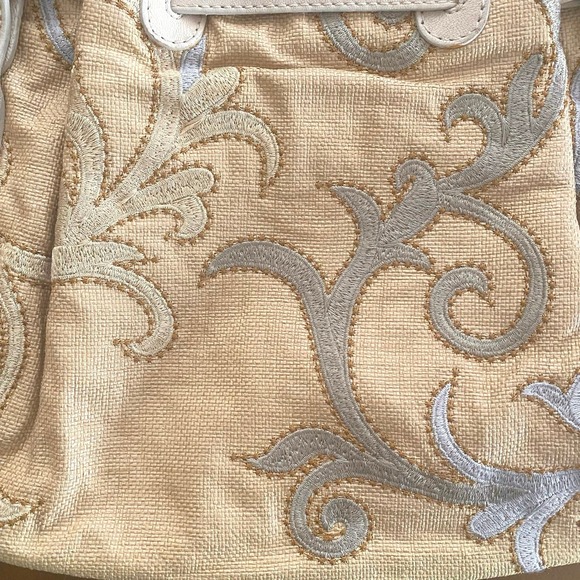 Stuart Weitzman Woven Fabric Leather Hobo Bag Cream Tan Sky Blue Tote Bag Charm - Picture 12 of 12